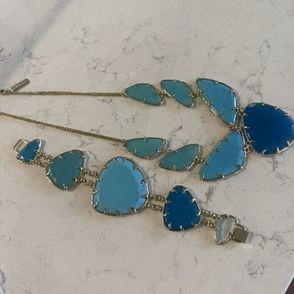 Kendra Scott Turquoise Blue Glass Khammi Gold Statement Set Necklace & Bracelet - Picture 4 of 10